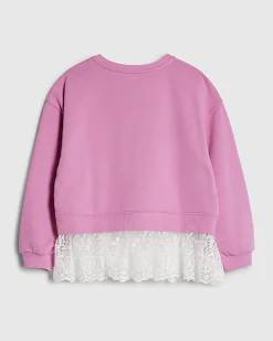 Girls Pink Tres Chic Lace Hem Sweatshirt