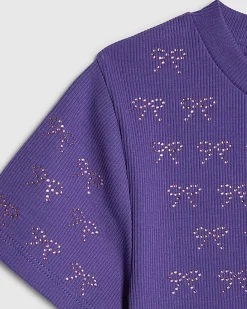 Girls Purple Bow Diamante T-Shirt