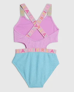 Girls Purple Colour Block Textured Swimsuit