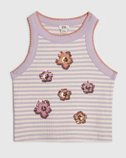Girls Purple Stripe Sequin Floral Tank Top