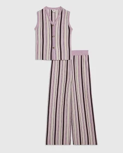 Girls Purple Striped Knitted Waistcoat Set