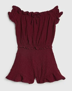 Girls Red Crinkle Lace Trim Bardot Playsuit