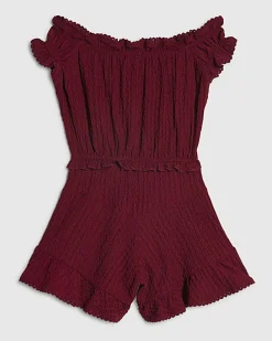 Girls Red Crinkle Lace Trim Bardot Playsuit