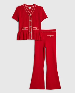 Girls Red Peplum Hem Short Sleeve Top Set