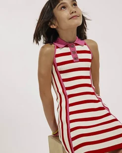 Girls Red Sleeveless Striped Dress