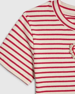 Girls Red Stripe Heart Cropped T-Shirt