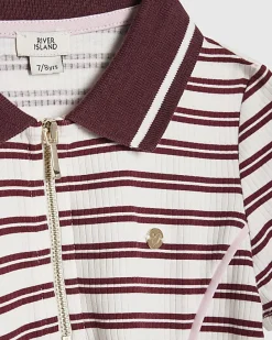 Girls Red Stripe Ribbed Zip Polo Dress