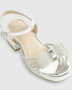 Girls Silver Diamante Bow Heeled Sandals