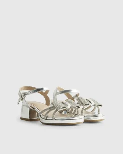 Girls Silver Diamante Bow Heeled Sandals