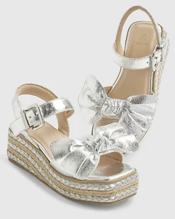 Girls Silver Metallic Bow Wedge Sandals
