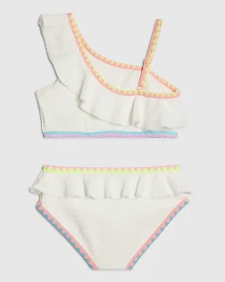 Girls White Asymmetric Neon Whipstitch Bikini