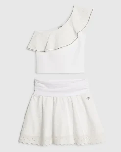 Girls White Asymmetric Top And Skirt Set