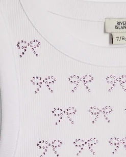 Girls White Bow Diamante Tank Top