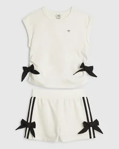 Girls White Bow Tank Top And Shorts Set
