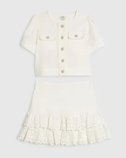 Girls White Broderie Hem Skirt Set