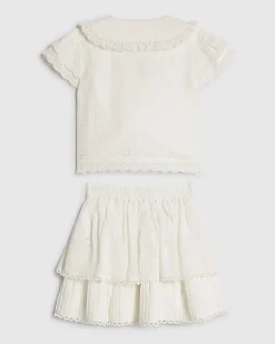 Girls White Collared Cotton.Top and Skirt Set