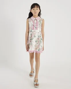 Girls White Collared Floral Lace Dress