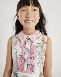 Girls White Collared Floral Lace Dress