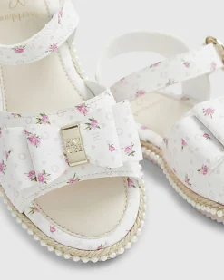 Girls White Ditsy Rose Bow Sandals