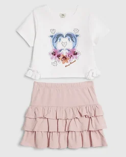 Girls White Dolphin T-Shirt And Skirt Set