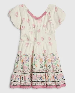 Girls White Floral Lace Trim Cotton Dress