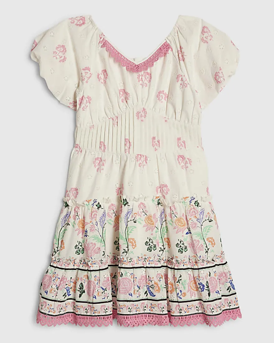 Girls White Floral Lace Trim Cotton Dress