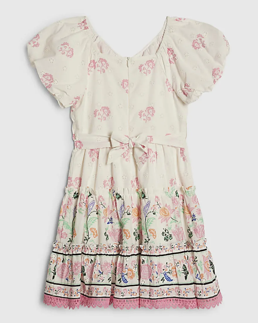 Girls White Floral Lace Trim Cotton Dress