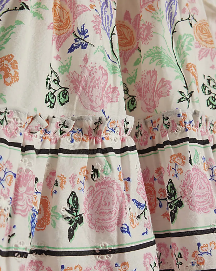 Girls White Floral Lace Trim Cotton Dress