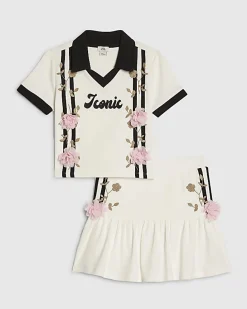 Girls White Floral Polo Skirt Set