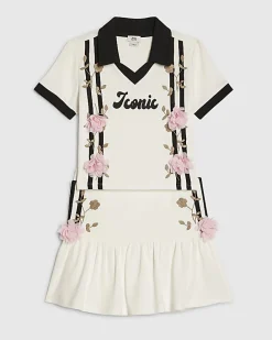 Girls White Floral Polo Skirt Set