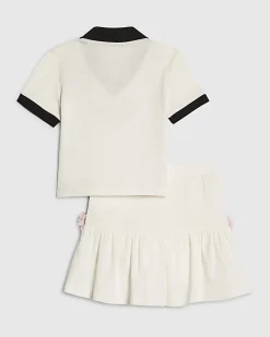 Girls White Floral Polo Skirt Set