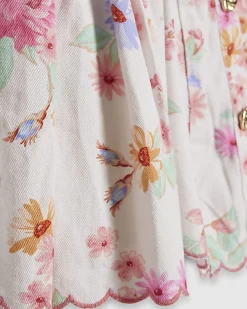 Girls White Floral Print Denim Prom Dress