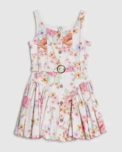 Girls White Floral Print Denim Prom Dress