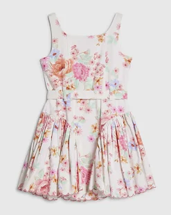 Girls White Floral Print Denim Prom Dress