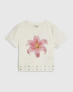 Girls White Flower Stud T-Shirt