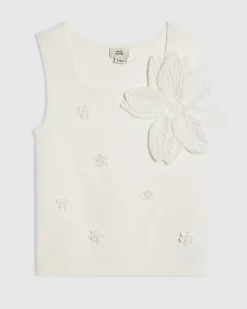 Girls White Flower Trim Knitted Top