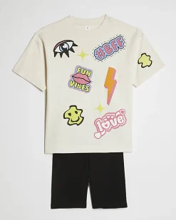 Girls White Graffiti T-Shirt And Shorts Set