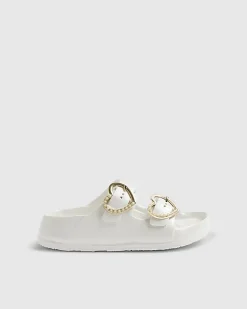 Girls White Heart Buckle Moulded Sliders