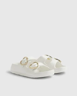 Girls White Heart Buckle Moulded Sliders