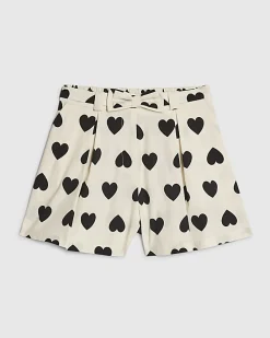 Girls White Heart Print Bow Shorts