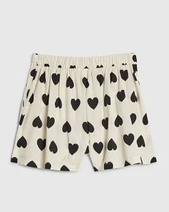 Girls White Heart Print Bow Shorts