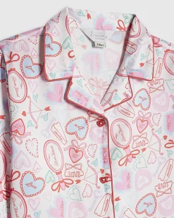 Girls White Love Heart Satin Short Pyjamas