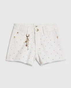 Girls White Pearl Embellished Denim Shorts