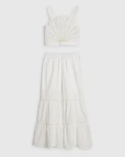 Girls White Pearl Shell Top And Trousers Set