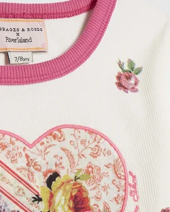 Girls White Rib Floral Heart Cotton T-Shirt