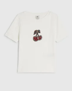 Girls White Ribbed Embellished Cherry T-Shirt