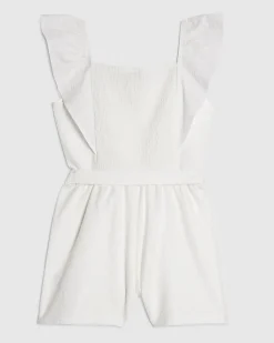 Girls White Shirred Floral Playsuit