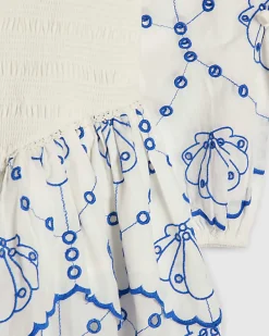 Girls White Shirred Long Sleeve Dress