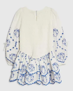 Girls White Shirred Long Sleeve Dress