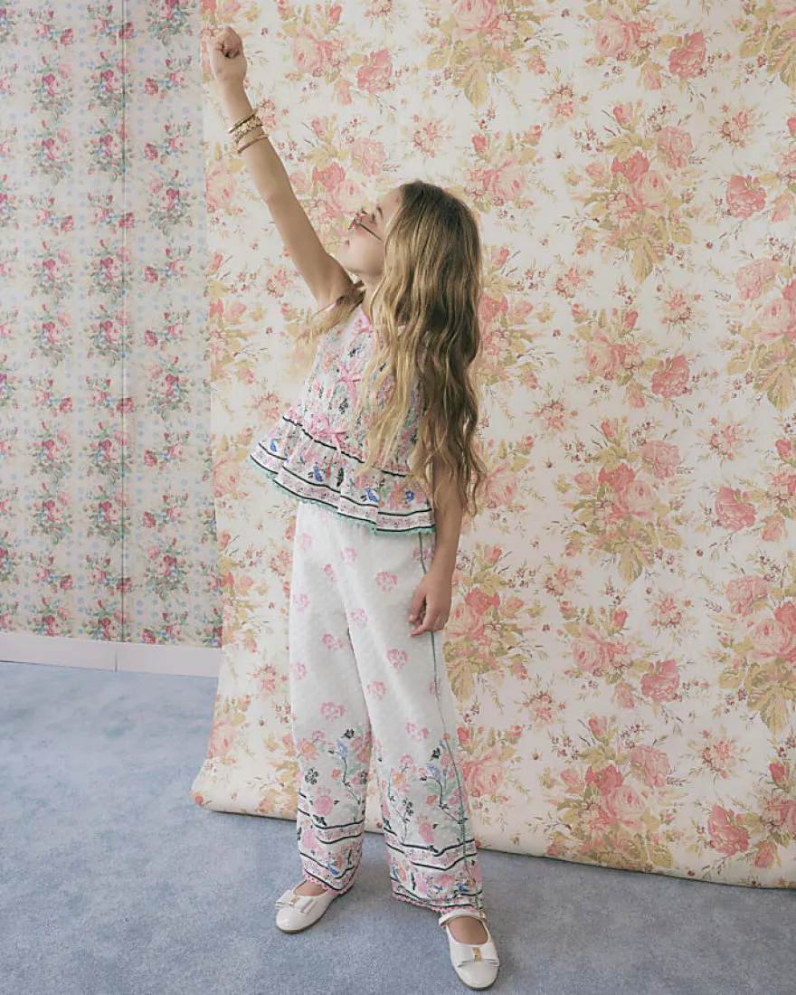 Girls white Smock Cotton Top and Trouser Set